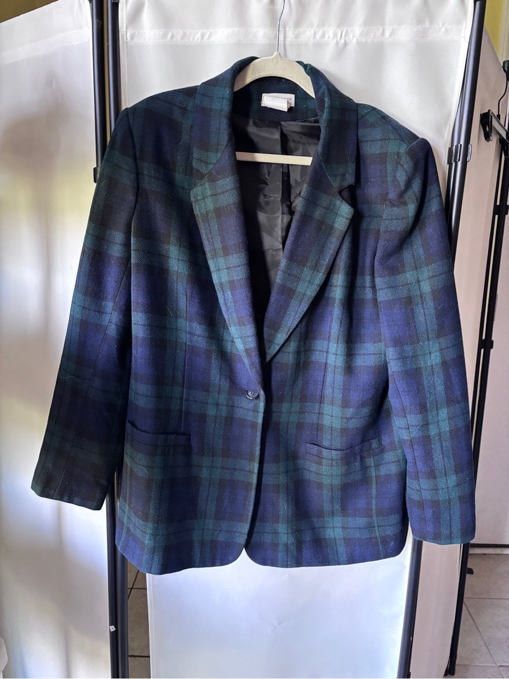 White Stag Green and Blue Plaid Wool Blend Single-Button Blazer